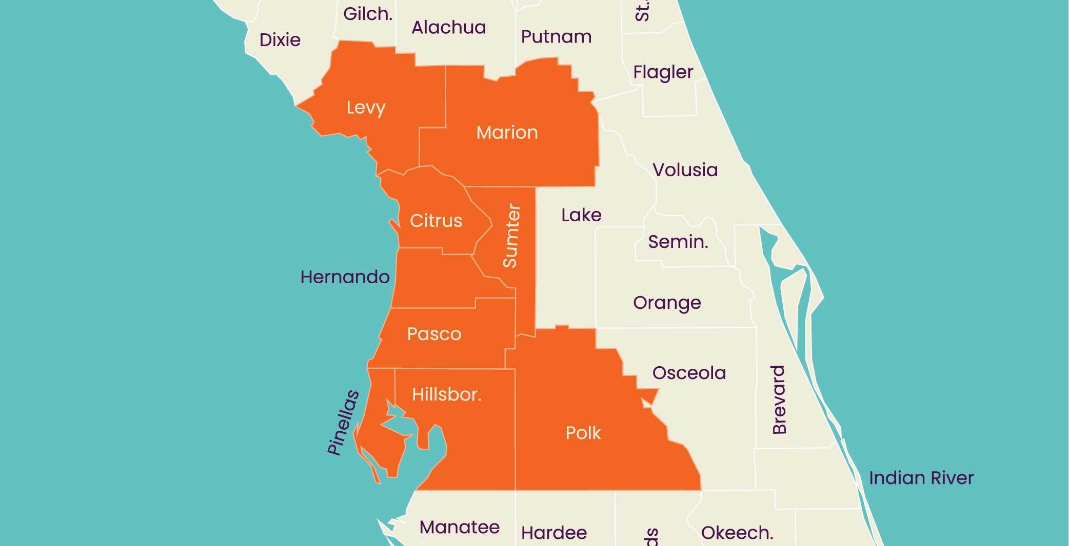 Map of the state of Florida, showing certain counties highlighted in orange.