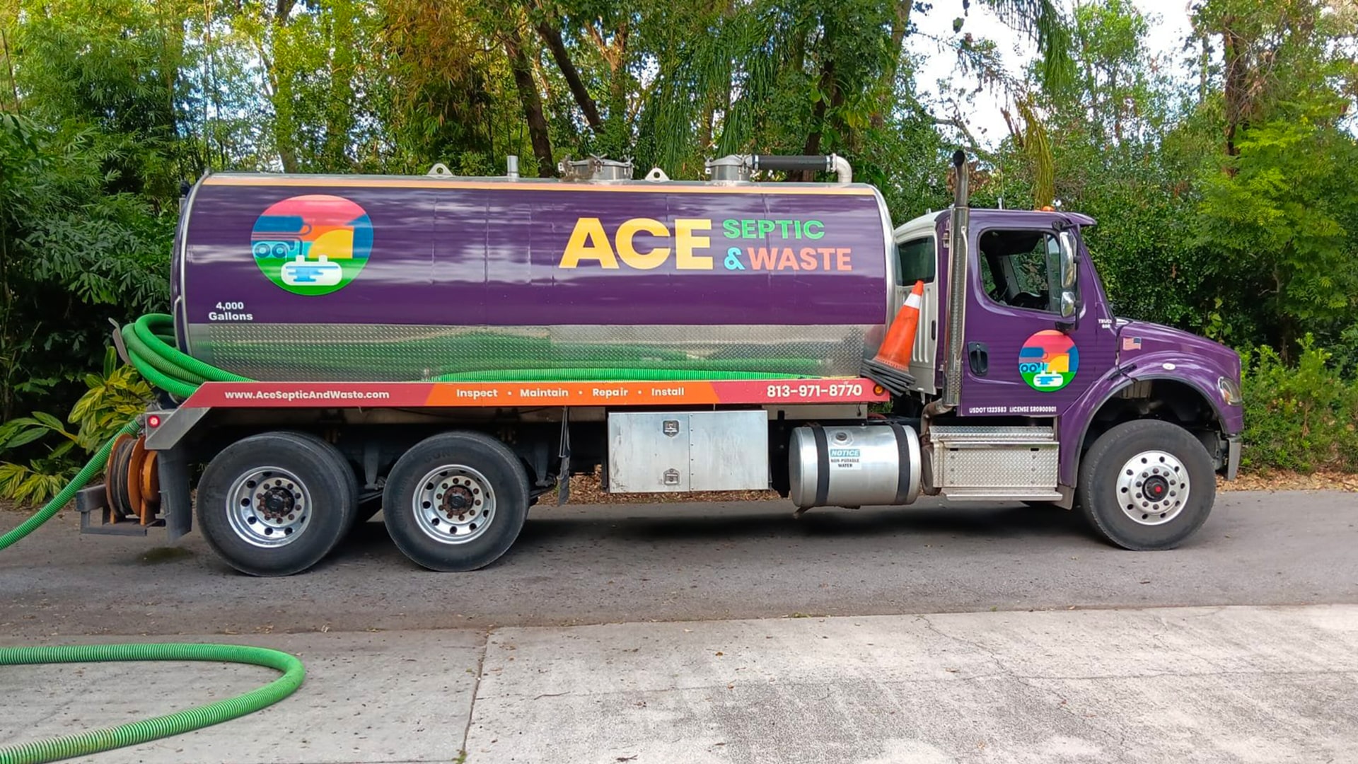 A septic pump truck beginning a pump-out job at a residential home in Marion County, FL.