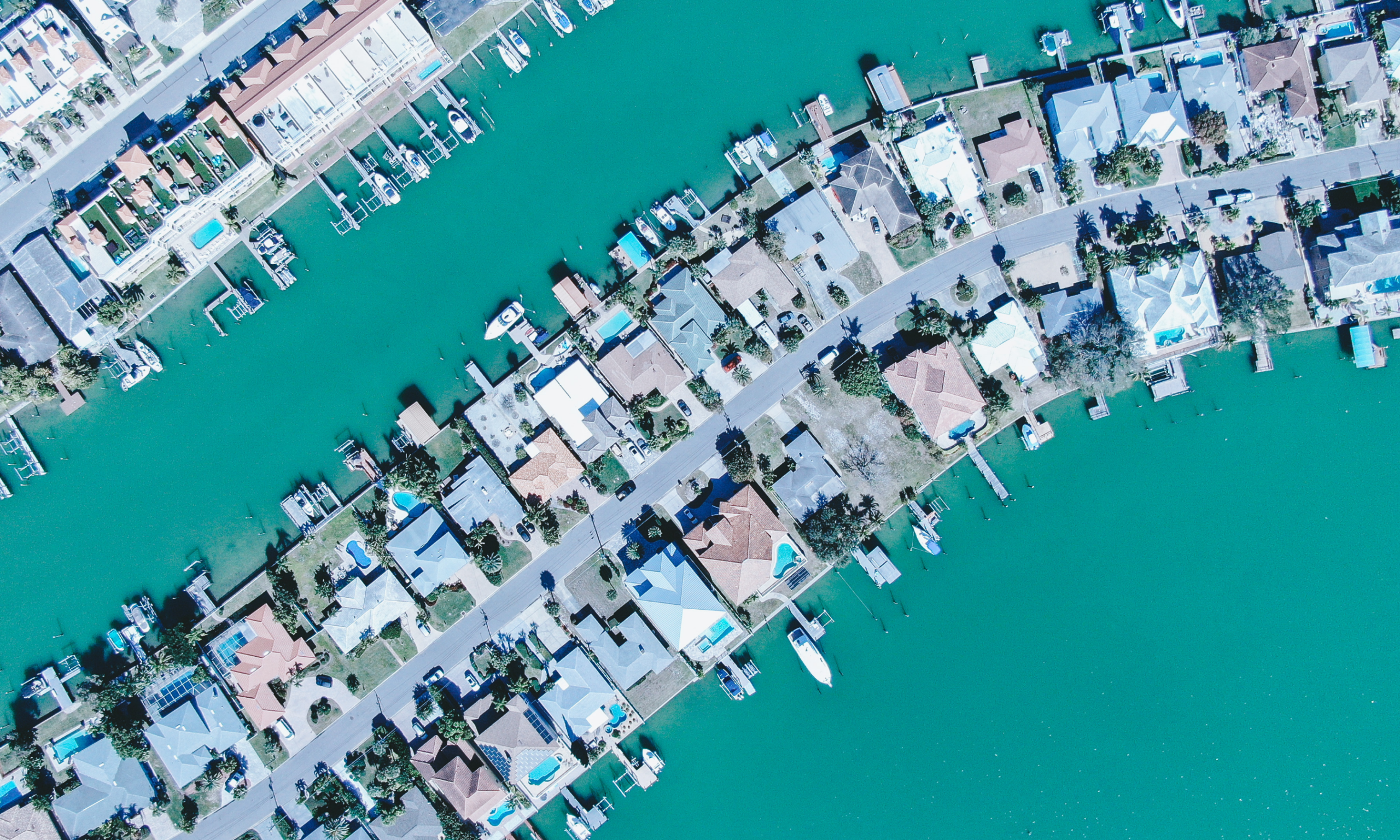 An aerial view of a housing neighborhood in a land reclamation project off of Clearwater, FL.